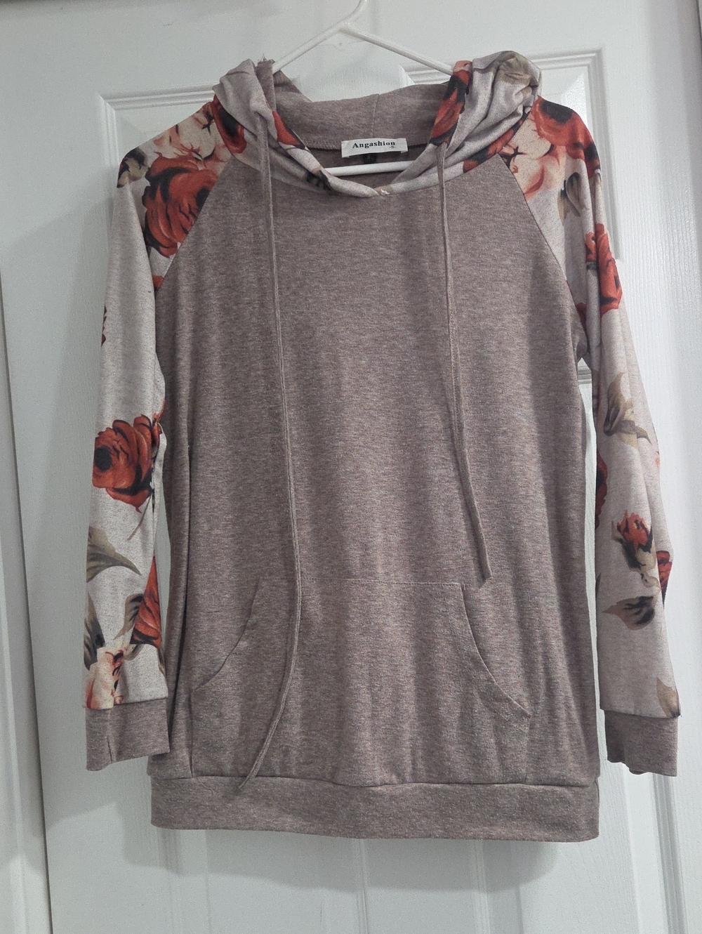 Angashion Taupe Floral-Sleeve Pullover Hoodie